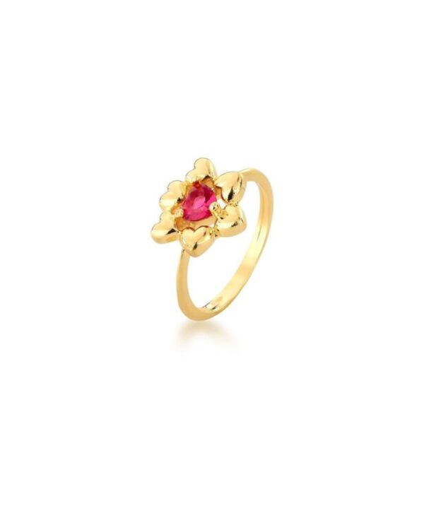 ANEL DE FLOR E CORAÇÕES LISO E CRISTAL RUBI